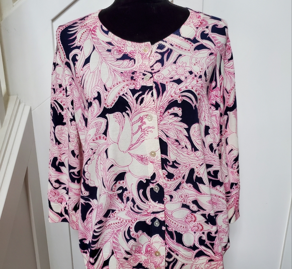 Classic Paisley Pink And Navy Cardigan With Fine Beaded Detail Throughout